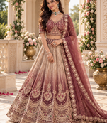 Onion Pink Color Crystal Beads,Handwork,Stone,Thread And Sequins Work Silk_Blend Lehenga Choli