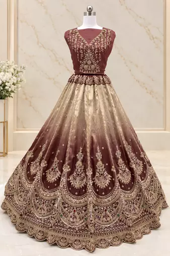 Onion Pink Color Crystal Beads,Handwork,Stone,Thread And Sequins Work Silk_Blend Lehenga Choli