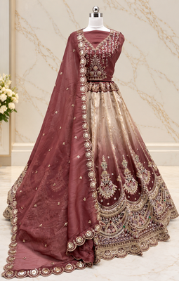 Onion Pink Color Crystal Beads,Handwork,Stone,Thread And Sequins Work Silk_Blend Lehenga Choli 4