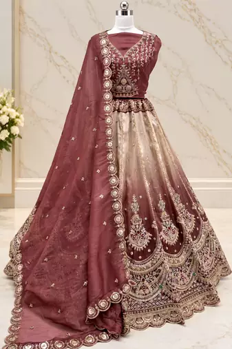 Onion Pink Color Crystal Beads,Handwork,Stone,Thread And Sequins Work Silk_Blend Lehenga Choli