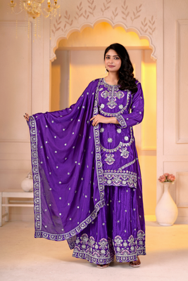 Purple chinon  silk   party  embroidery wear  sharara suit set 5