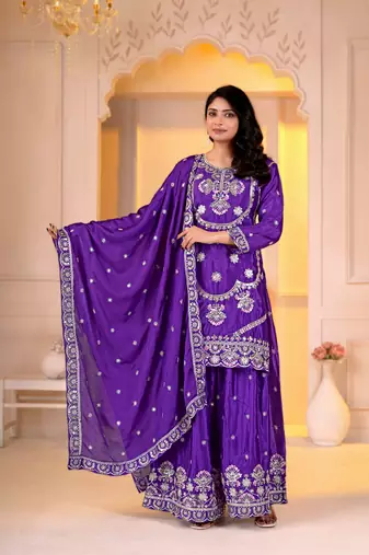 Purple chinon  silk   party  embroidery wear  sharara suit set