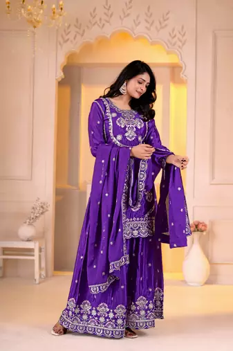 Purple chinon  silk   party  embroidery wear  sharara suit set