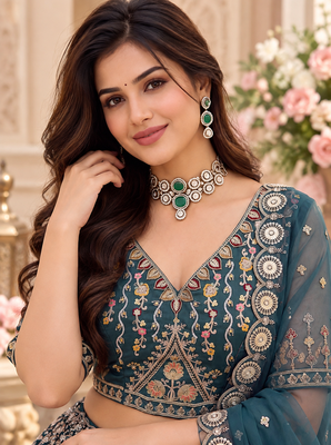 Teal Color Crystal Beads,Handwork,Stone,Thread And Sequins Work Silk_Blend Lehenga Choli 2