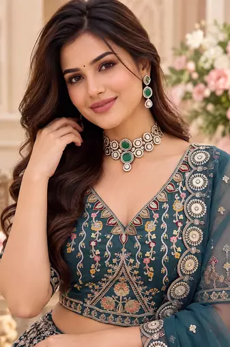 Teal Color Crystal Beads,Handwork,Stone,Thread And Sequins Work Silk_Blend Lehenga Choli