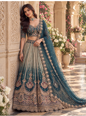 Teal Color Crystal Beads,Handwork,Stone,Thread And Sequins Work Silk_Blend Lehenga Choli 1