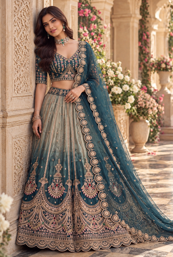 Teal Color Crystal Beads,Handwork,Stone,Thread And Sequins Work Silk_Blend Lehenga Choli