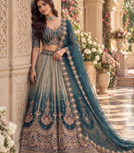 Teal Color Crystal Beads,Handwork,Stone,Thread And Sequins Work Silk_Blend Lehenga Choli