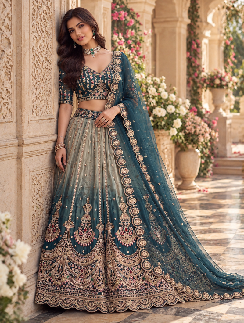 Teal Color Crystal Beads,Handwork,Stone,Thread And Sequins Work Silk_Blend Lehenga Choli
