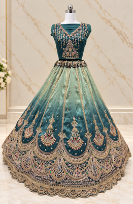 Teal Color Crystal Beads,Handwork,Stone,Thread And Sequins Work Silk_Blend Lehenga Choli 3