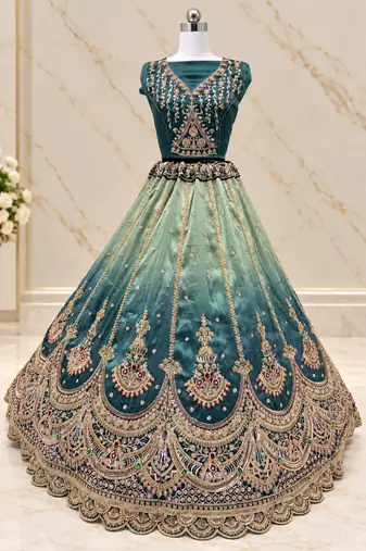 Teal Color Crystal Beads,Handwork,Stone,Thread And Sequins Work Silk_Blend Lehenga Choli