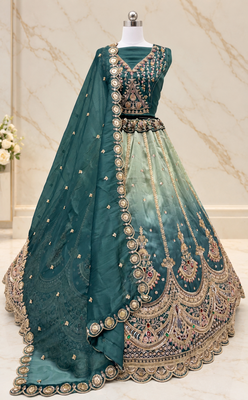 Teal Color Crystal Beads,Handwork,Stone,Thread And Sequins Work Silk_Blend Lehenga Choli 4