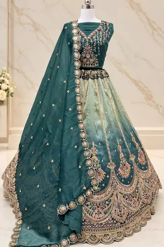 Teal Color Crystal Beads,Handwork,Stone,Thread And Sequins Work Silk_Blend Lehenga Choli