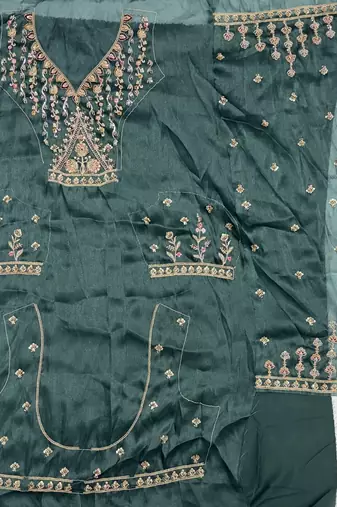 Teal Color Crystal Beads,Handwork,Stone,Thread And Sequins Work Silk_Blend Lehenga Choli