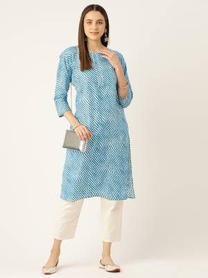 Blue cotton sanganeri printed sleeveled straight kurta 1