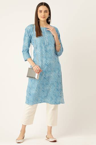 Blue cotton sanganeri printed sleeveled straight kurta