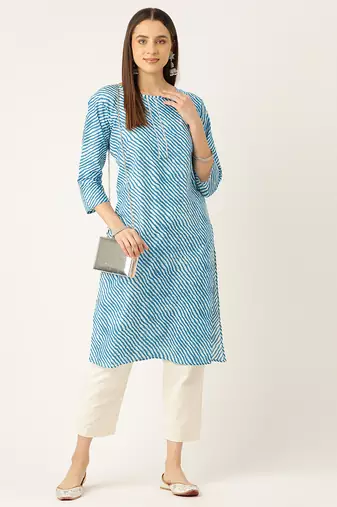 Blue cotton sanganeri printed sleeveled straight kurta
