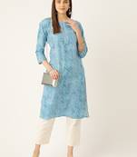 Blue cotton sanganeri printed sleeveled straight kurta
