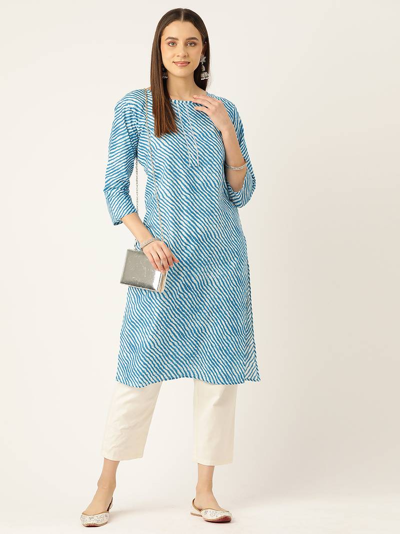 Blue cotton sanganeri printed sleeveled straight kurta
