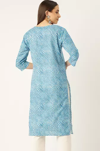 Blue cotton sanganeri printed sleeveled straight kurta
