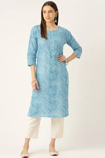 Blue cotton sanganeri printed sleeveled straight kurta