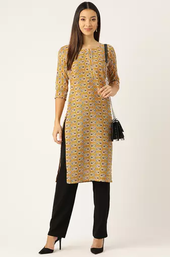 Yellow cotton sanganeri printed sleeveled straight kurta