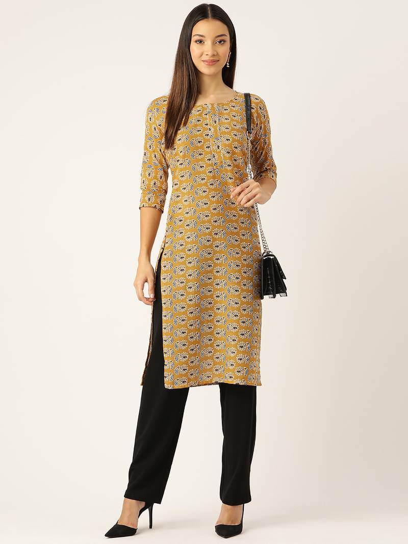 Yellow cotton sanganeri printed sleeveled straight kurta