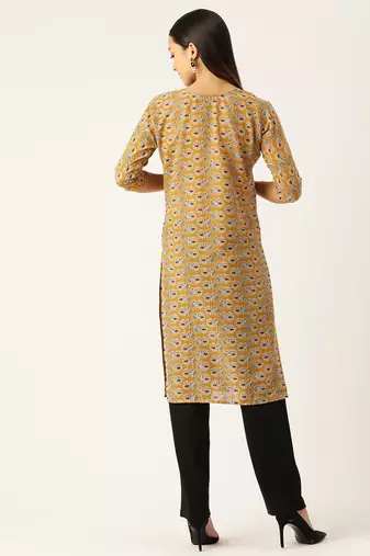 Yellow cotton sanganeri printed sleeveled straight kurta