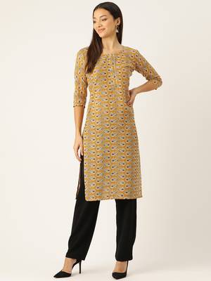 Yellow cotton sanganeri printed sleeveled straight kurta 3