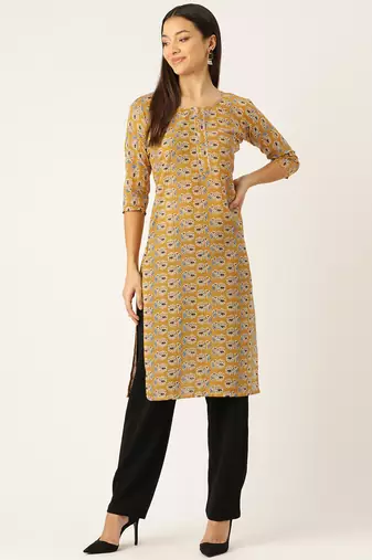 Yellow cotton sanganeri printed sleeveled straight kurta