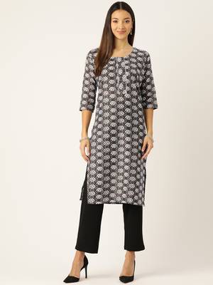 Grey cotton sanganeri printed sleeveled straight kurta 1