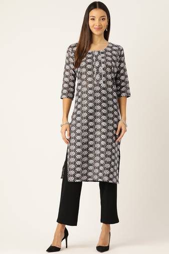 Grey cotton sanganeri printed sleeveled straight kurta