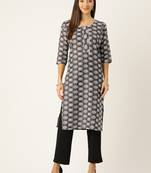 Grey cotton sanganeri printed sleeveled straight kurta