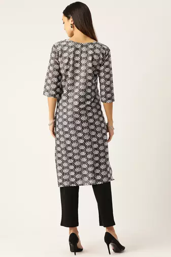 Grey cotton sanganeri printed sleeveled straight kurta