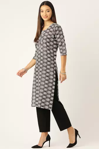 Grey cotton sanganeri printed sleeveled straight kurta