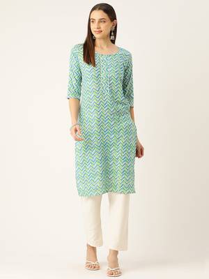 Green cotton sanganeri printed sleeveled straight kurta 1
