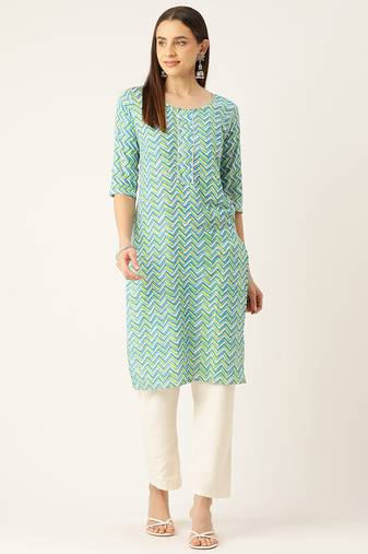 Green cotton sanganeri printed sleeveled straight kurta