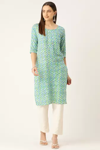 Green cotton sanganeri printed sleeveled straight kurta