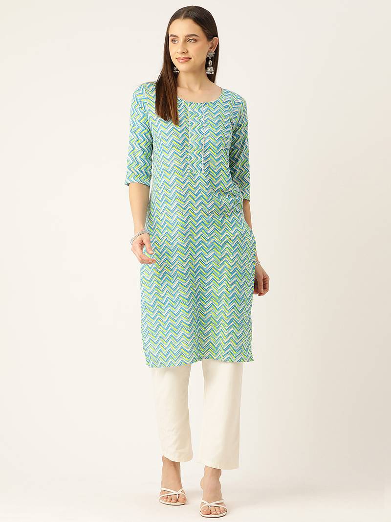 Green cotton sanganeri printed sleeveled straight kurta