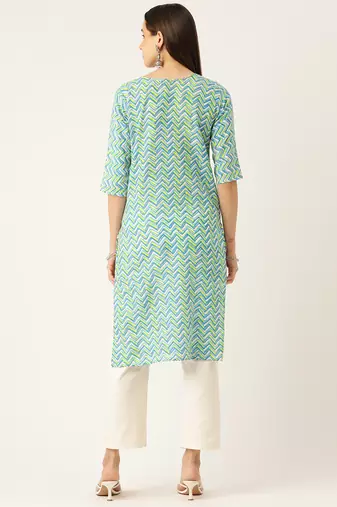 Green cotton sanganeri printed sleeveled straight kurta