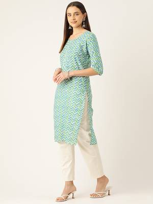 Green cotton sanganeri printed sleeveled straight kurta 3