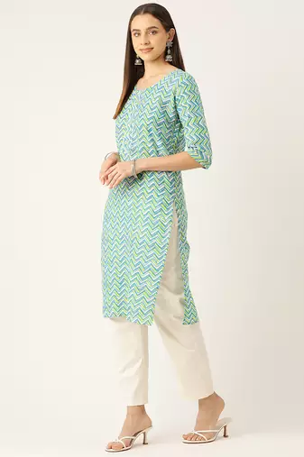Green cotton sanganeri printed sleeveled straight kurta