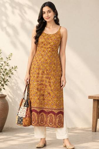 Yellow cotton ajrak printed sleeveless straight kurta