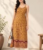 Yellow cotton ajrak printed sleeveless straight kurta