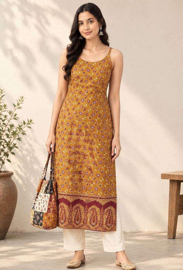 Yellow cotton ajrak printed sleeveless straight kurta