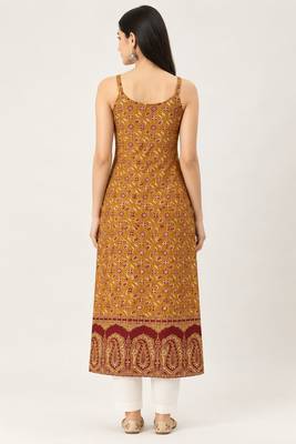 Yellow cotton ajrak printed sleeveless straight kurta 2