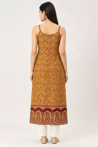 Yellow cotton ajrak printed sleeveless straight kurta