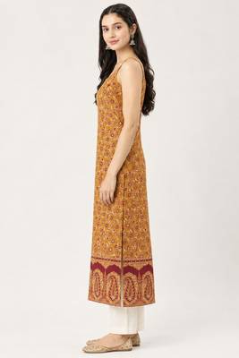 Yellow cotton ajrak printed sleeveless straight kurta 3
