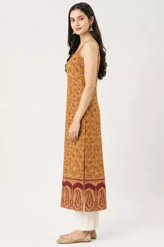 Yellow cotton ajrak printed sleeveless straight kurta
