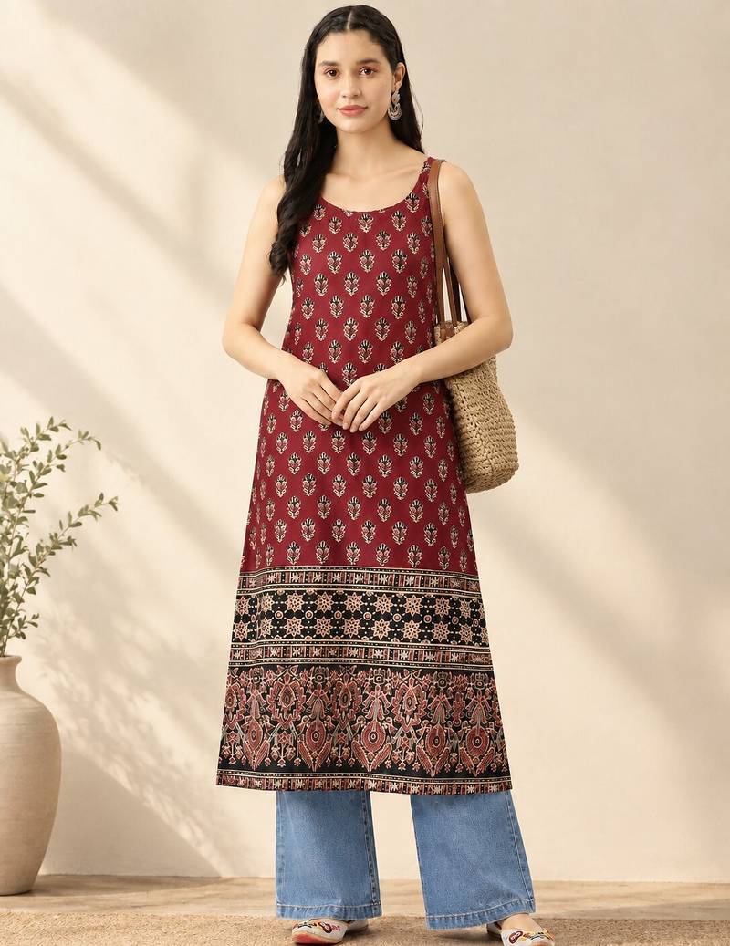 Maroon cotton ajrak printed sleeveless straight kurta
